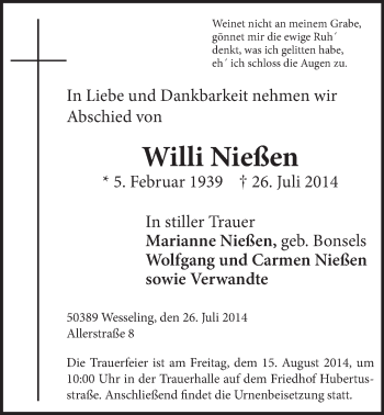 Anzeige von Willi Nießen von  Schlossbote/Werbekurier 