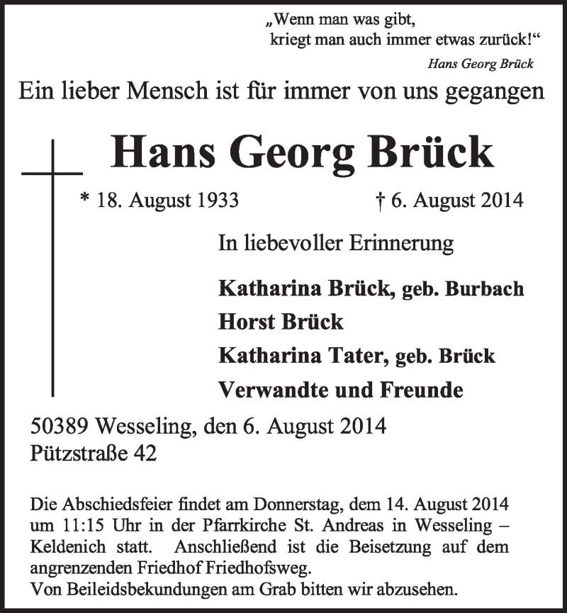  Traueranzeige für Hans Georg Brück vom 13.08.2014 aus  Schlossbote/Werbekurier 