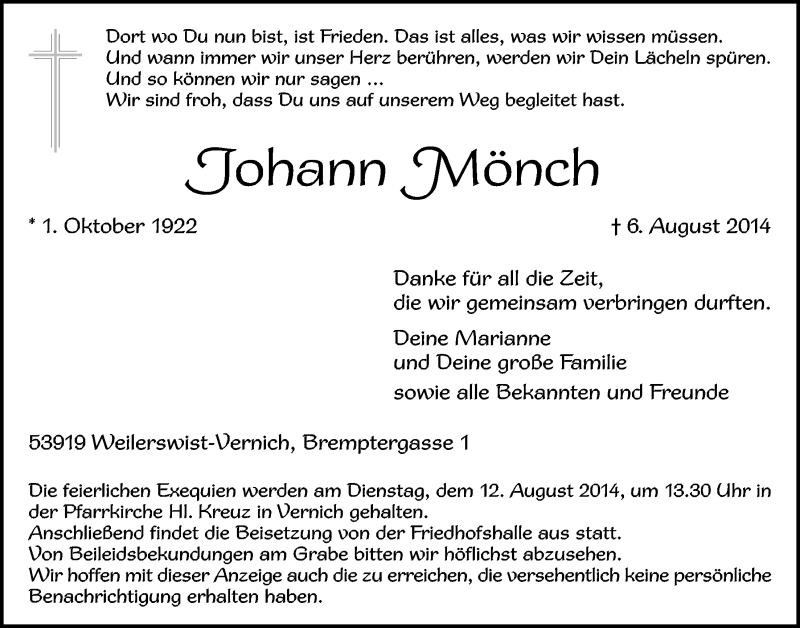  Traueranzeige für Johann Mönch vom 10.08.2014 aus  Blickpunkt Euskirchen 