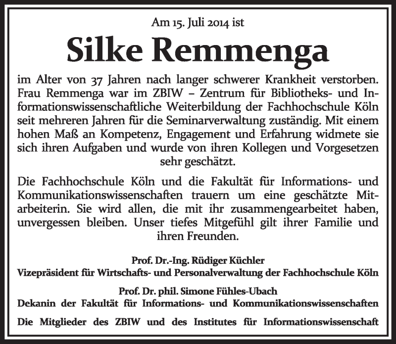  Traueranzeige für Silke Remmenga vom 09.08.2014 aus  Sonntags-Post 