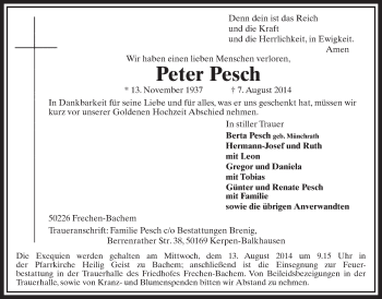 Anzeige von Peter Pesch von  Sonntags-Post 