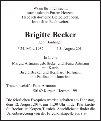 Anzeige von Brigitte Becker von  Sonntags-Post 