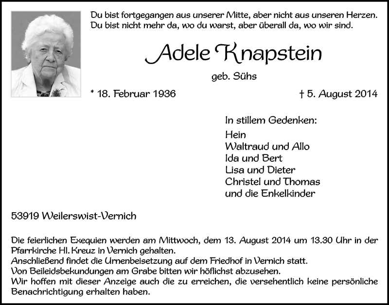  Traueranzeige für Adele Knapstein vom 10.08.2014 aus  Blickpunkt Euskirchen 