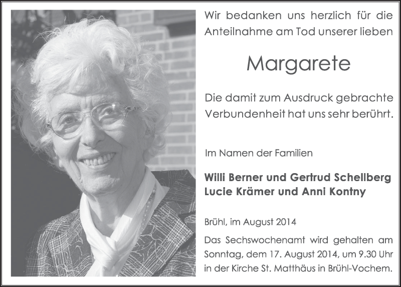  Traueranzeige für Margarete  vom 13.08.2014 aus  Schlossbote/Werbekurier 