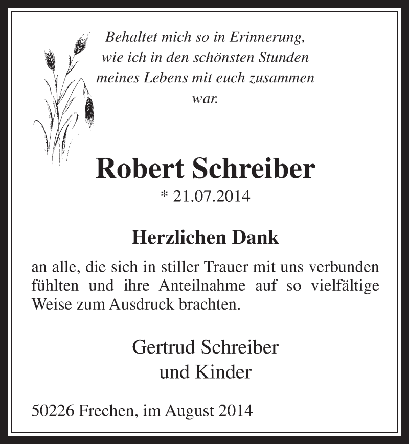  Traueranzeige für Robert Schreiber vom 13.08.2014 aus  Wochenende 