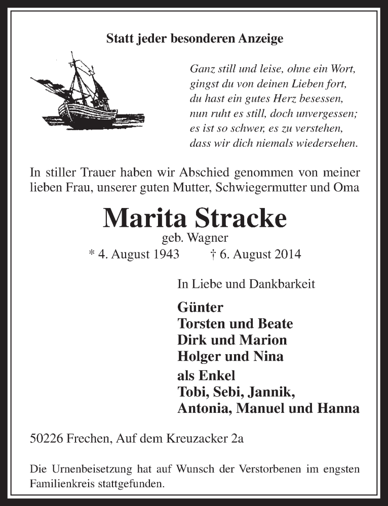  Traueranzeige für Marita Stracke vom 13.08.2014 aus  Wochenende 