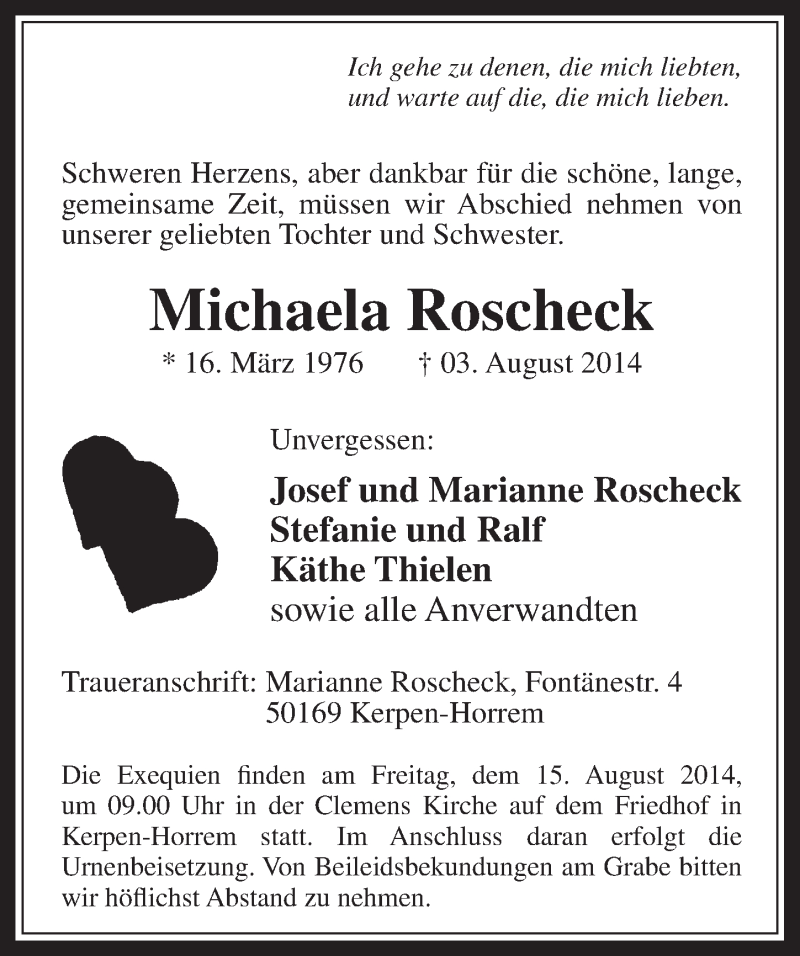  Traueranzeige für Michaela Roscheck vom 13.08.2014 aus  Werbepost 