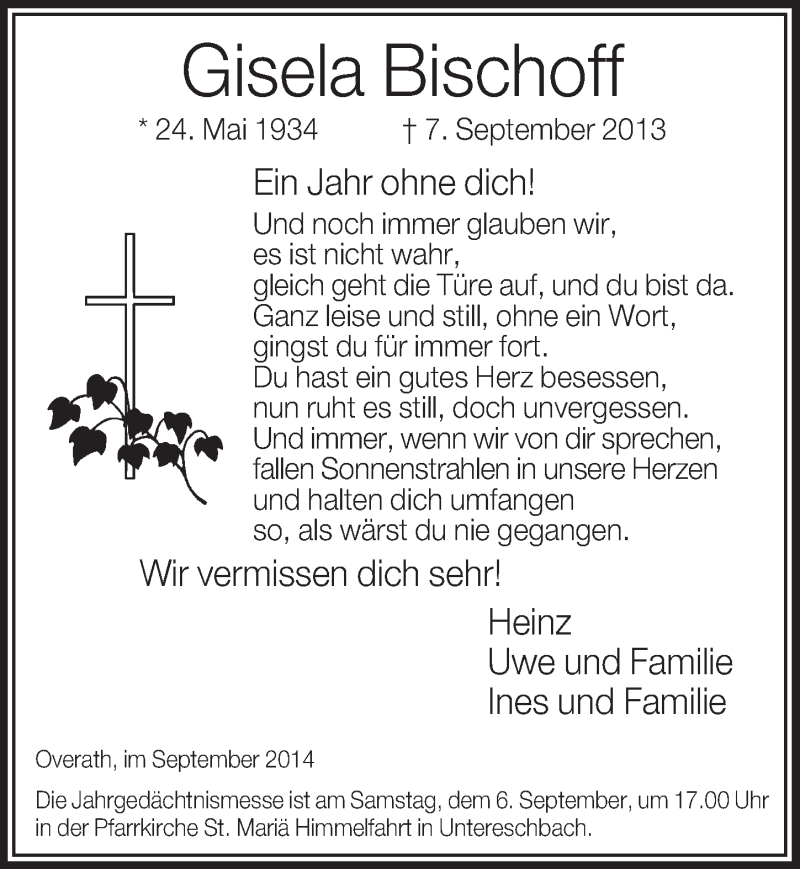  Traueranzeige für Gisela Bischoff vom 03.09.2014 aus  Bergisches Handelsblatt 