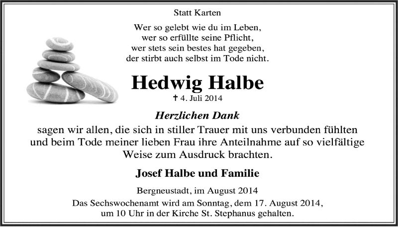  Traueranzeige für Hedwig Halbe vom 13.08.2014 aus  Anzeigen Echo 