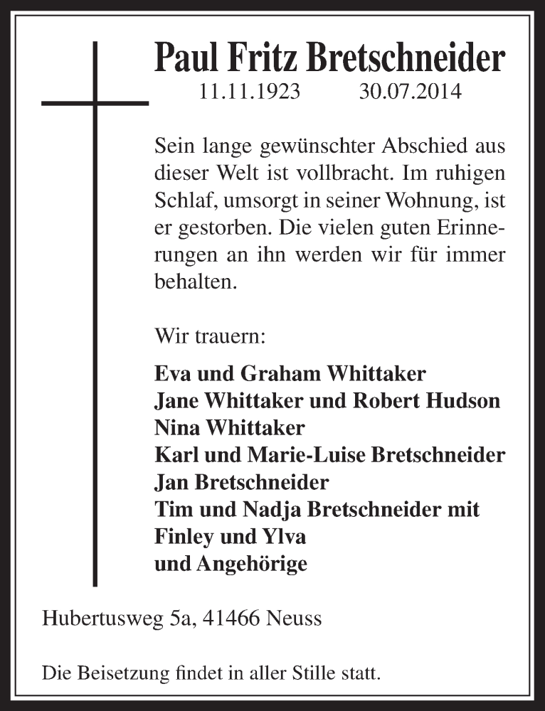  Traueranzeige für Paul Fritz Bretschneider vom 13.08.2014 aus  Wochenende 