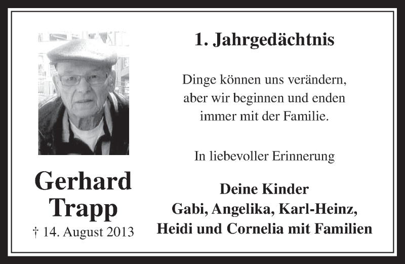  Traueranzeige für Gerhard Trapp vom 13.08.2014 aus  Werbepost 