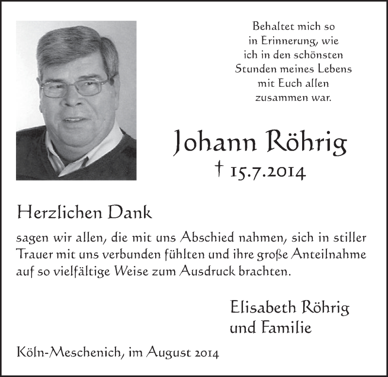  Traueranzeige für Johann Röhrig vom 13.08.2014 aus  Schlossbote/Werbekurier 