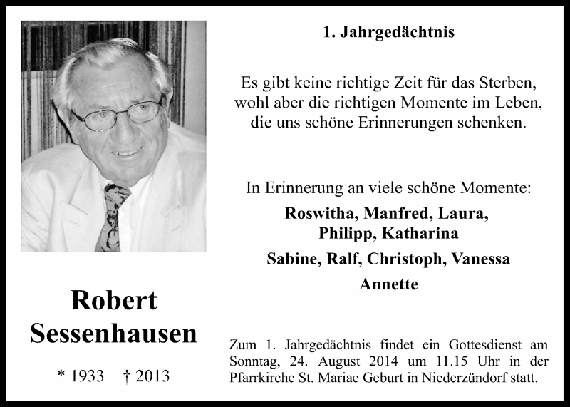  Traueranzeige für Robert Sessenhausen vom 20.08.2014 aus  Kölner Wochenspiegel 