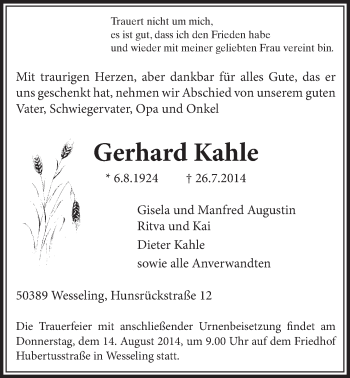 Anzeige von Gerhard Kahle von  Schlossbote/Werbekurier 