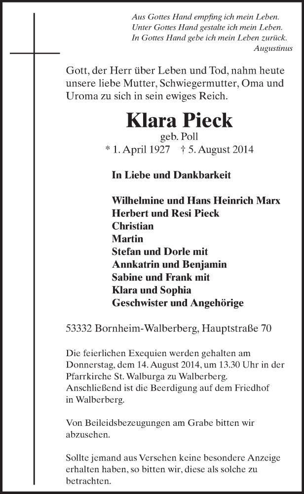 Traueranzeige für Klara Pieck vom 13.08.2014 aus  Schlossbote/Werbekurier 