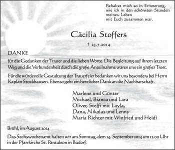 Anzeige von Cäcilia Stoffers von  Schlossbote/Werbekurier 