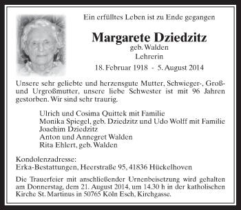 Anzeige von Margarete Dziedzitz von  Wochenende 