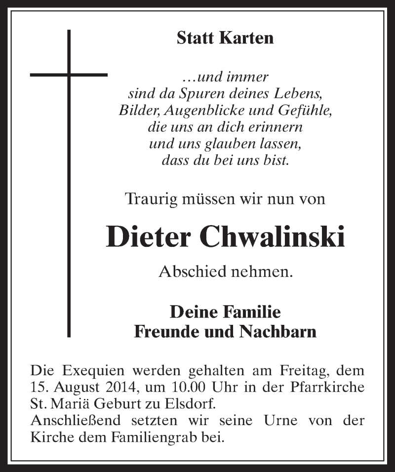  Traueranzeige für Dieter Chwalinski vom 13.08.2014 aus  Werbepost 