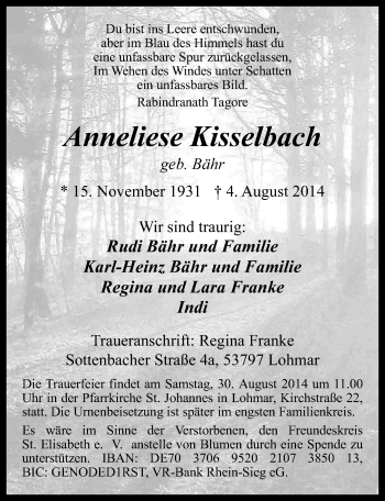 Anzeige von Anneliese Kisselbach von  Extra Blatt 