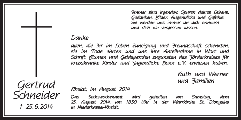 Traueranzeige für Gertrud Schneider vom 20.08.2014 aus  Extra Blatt 