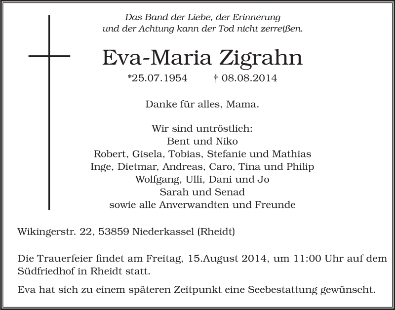  Traueranzeige für Eva-Maria Zigrahn vom 13.08.2014 aus  Extra Blatt 