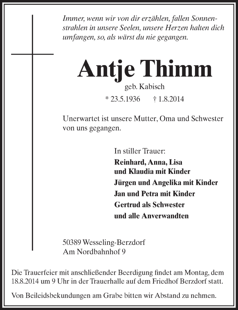  Traueranzeige für Atnje Thimm vom 13.08.2014 aus  Schlossbote/Werbekurier 