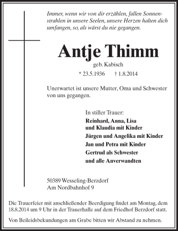 Anzeige von Atnje Thimm von  Schlossbote/Werbekurier 