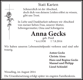 Anzeige von Anna Gecks von  Schlossbote/Werbekurier 