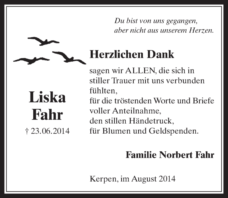  Traueranzeige für Liska Fahr vom 13.08.2014 aus  Werbepost 