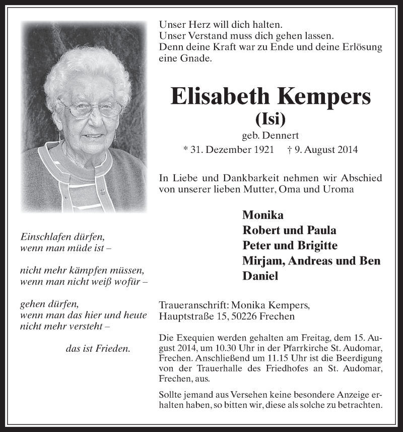  Traueranzeige für Elisabeth Kempers vom 13.08.2014 aus  Wochenende 