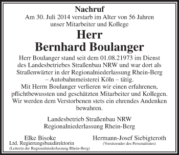 Anzeige von Bernhard Boulanger von  Kölner Wochenspiegel 