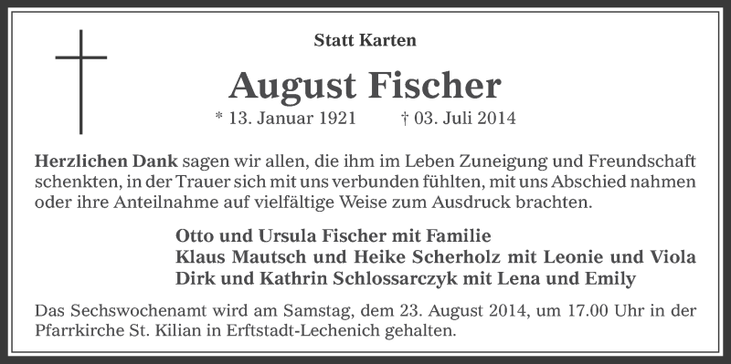  Traueranzeige für August Fischer vom 13.08.2014 aus  Werbepost 