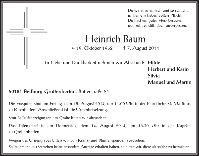  Traueranzeige für Heinrich Baum vom 13.08.2014 aus  Werbepost 