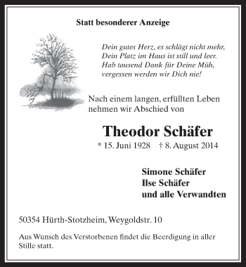 Anzeige von Theodor Schäfer von  Wochenende 
