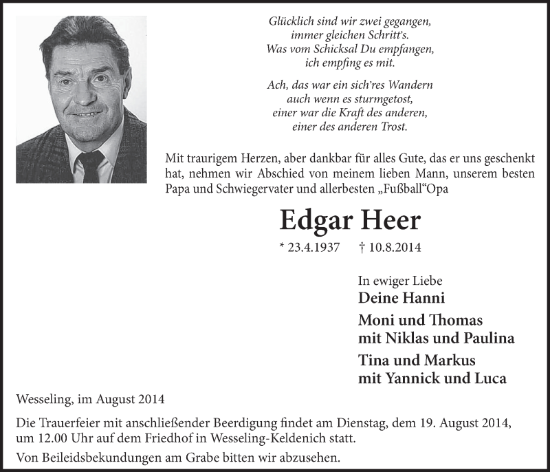  Traueranzeige für Edgar Heer vom 13.08.2014 aus  Schlossbote/Werbekurier 