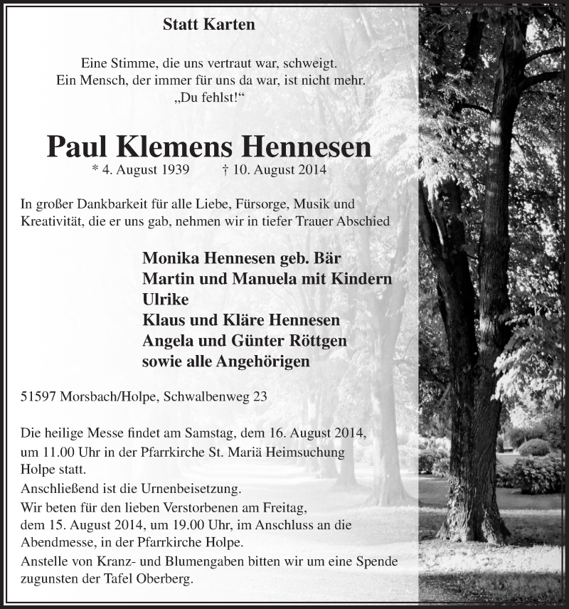  Traueranzeige für Paul Klemens Hennesen vom 13.08.2014 aus  Lokalanzeiger 