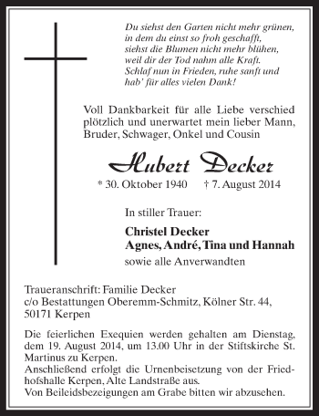 Anzeige von Hubert Decker von  Werbepost 
