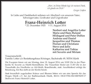 Anzeige von Franz-Heinrich Lotter von  Wochenende 