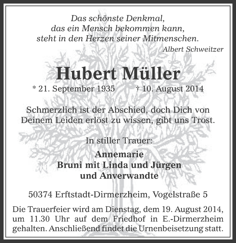  Traueranzeige für Hubert Müller vom 13.08.2014 aus  Werbepost 