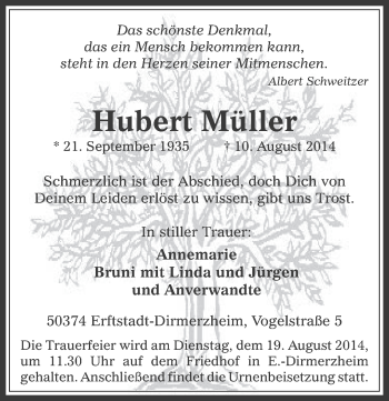 Anzeige von Hubert Müller von  Werbepost 