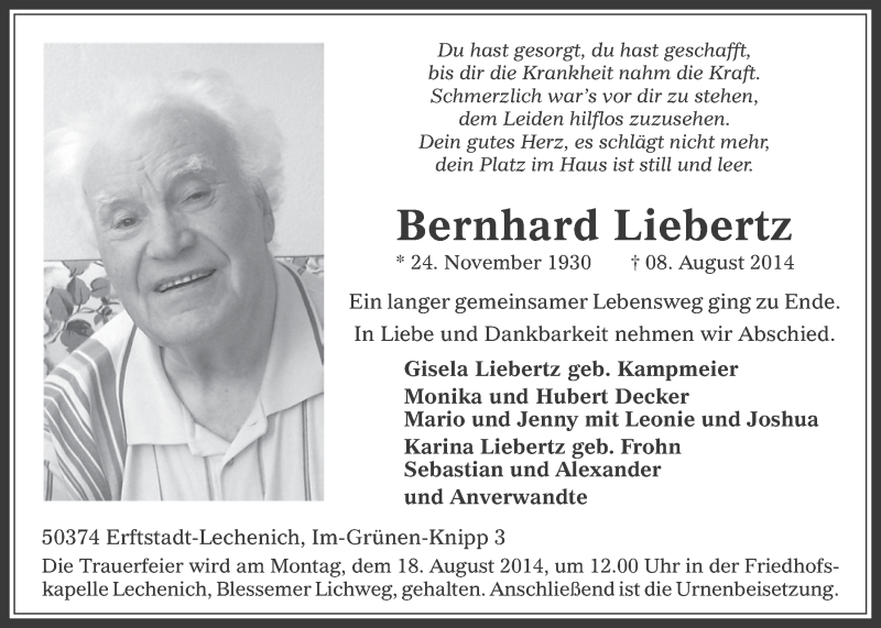  Traueranzeige für Bernhard Liebertz vom 13.08.2014 aus  Werbepost 