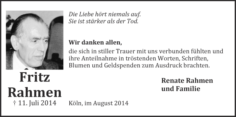  Traueranzeige für Fritz Rahmen vom 13.08.2014 aus  Kölner Wochenspiegel 