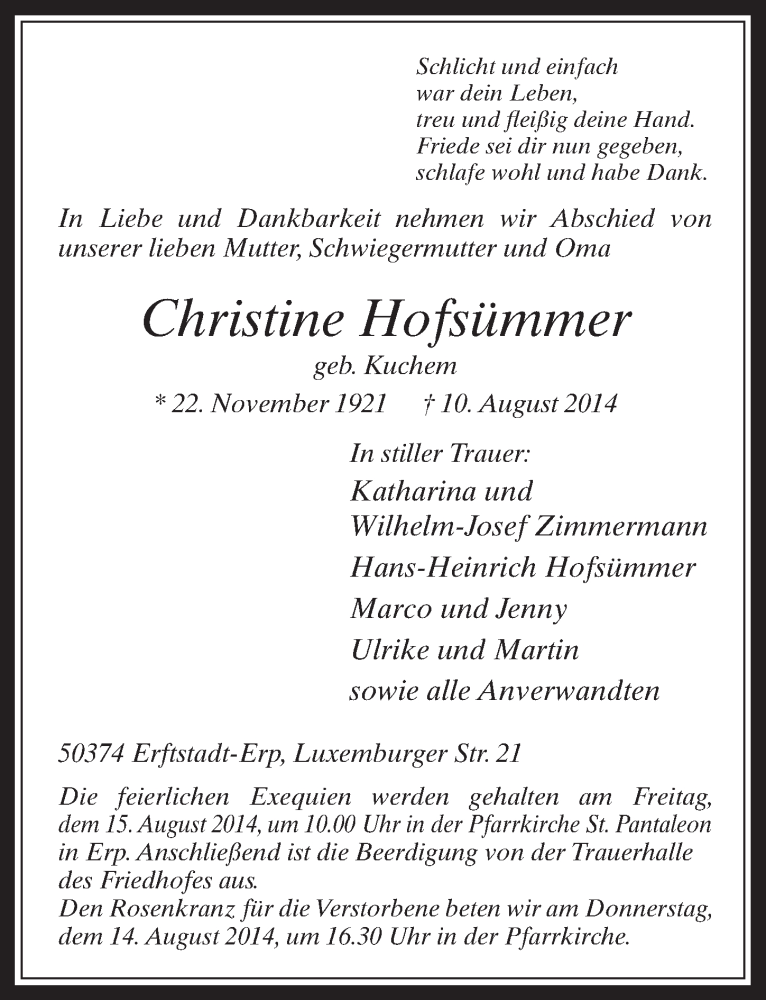  Traueranzeige für Christine Hofsümmer vom 13.08.2014 aus  Werbepost 