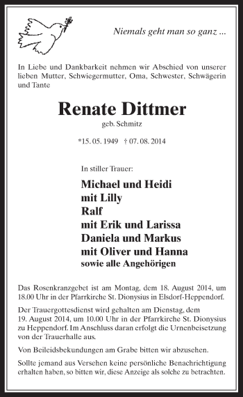 Anzeige von Renate Dittmer von  Werbepost 