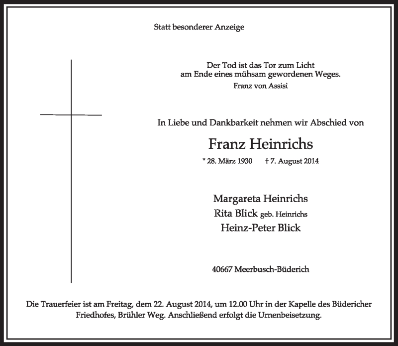  Traueranzeige für Franz Heinrichs vom 16.08.2014 aus  Sonntags-Post 