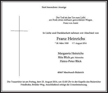 Anzeige von Franz Heinrichs von  Sonntags-Post 