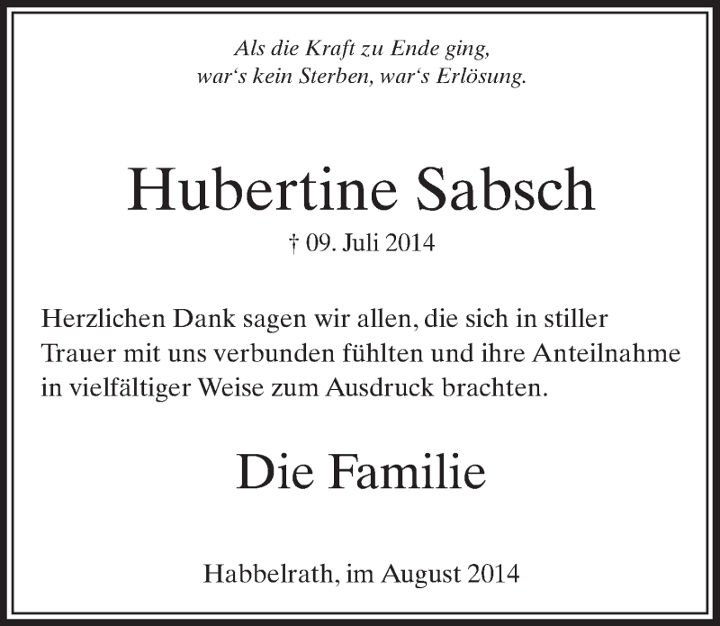  Traueranzeige für Hubertine Sabsch vom 16.08.2014 aus  Sonntags-Post 