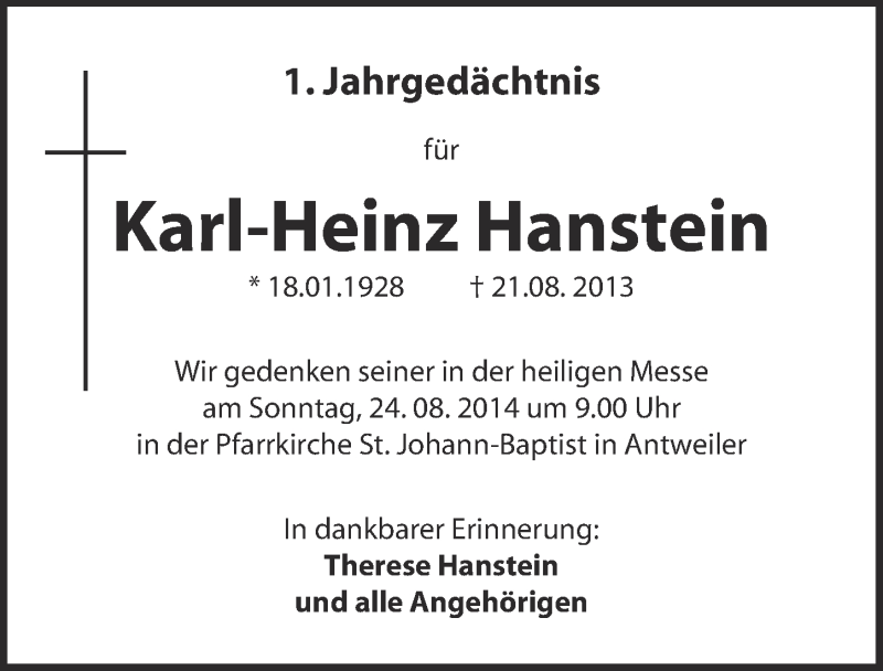  Traueranzeige für Karl-Heinz Hanstein vom 17.08.2014 aus  Blickpunkt Euskirchen 