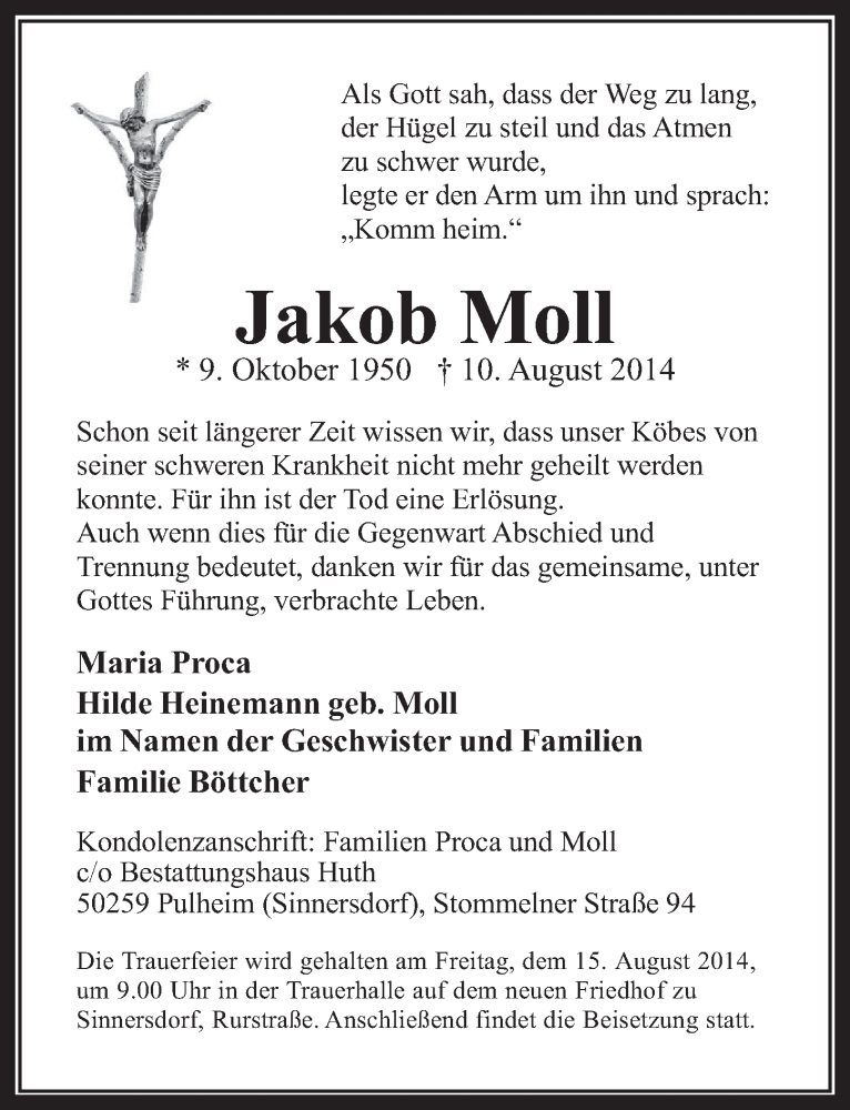  Traueranzeige für Jakob Moll vom 13.08.2014 aus  Wochenende 