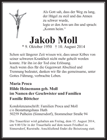 Anzeige von Jakob Moll von  Wochenende 
